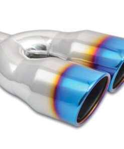 Vibrant 2.5in ID Dual 3.5in OD Round SS Tips (Single Wall, Angle Cut) with Burnt Blue Finish