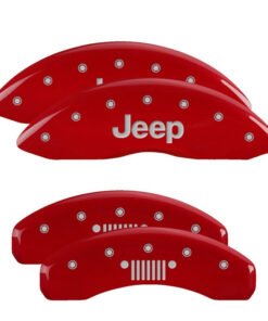 MGP 4 Caliper Covers Engraved Front JEEP Engraved Rear JEEP Grill Logo Red Finish Silver Characters