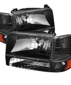 Xtune Ford F150/Bronco 92-96 Headlights w/Corner Bumper 6pcs Amber- Black HD-JH-FB92-SET-AM-BK